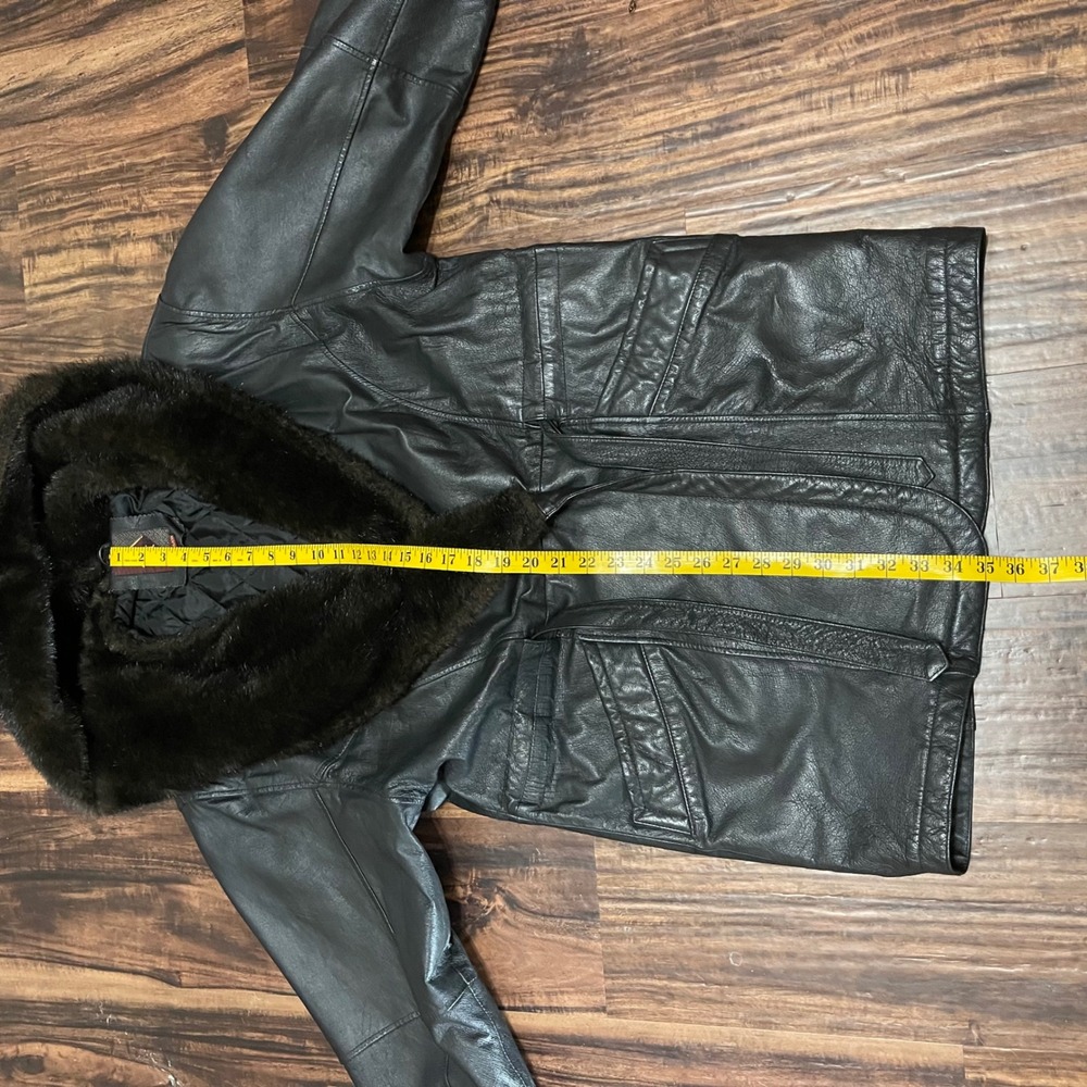 G III Leather Fur Trim Hooded Coat Jacket Black Belted Women's Size S - Picture 10 of 12